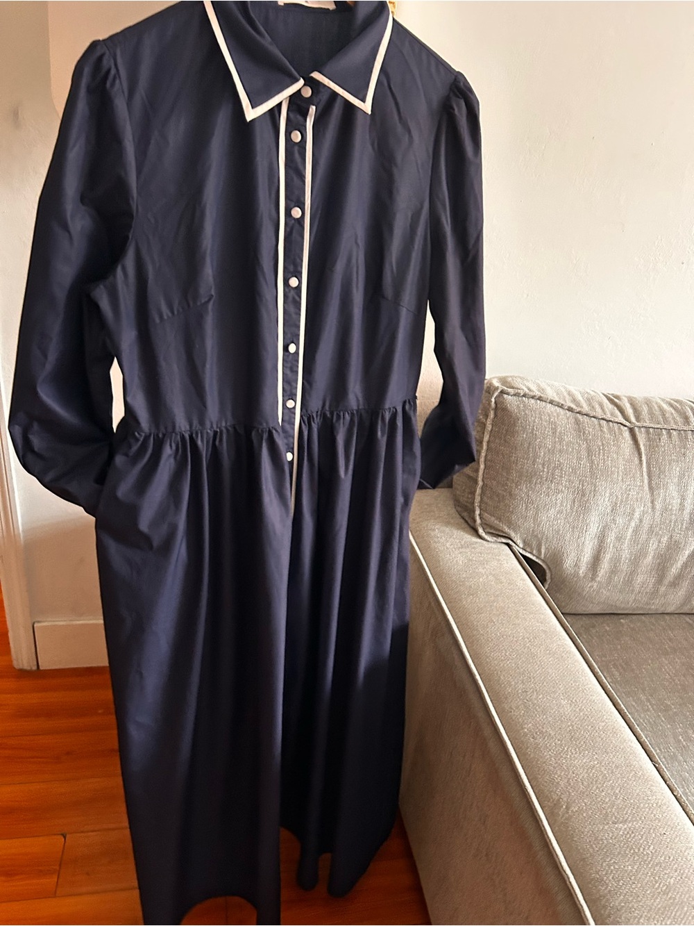 Commense Navy Blue Shirt Dress XL Maxi Long Sleeve Cottagecore Preppy Coastal
